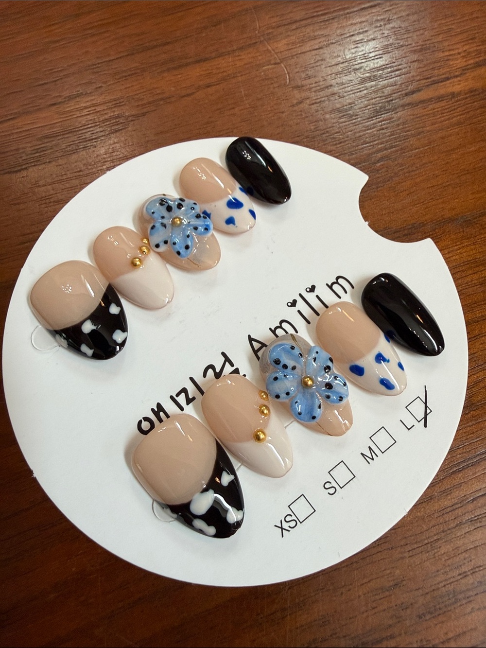 Handcrafted 3D Press-On Nails with Blue Floral Accents French tip large